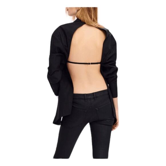 SER.O.YA Lydia Open Back Button Down Shirt Black Exaggerated Cuffs Built-In Bra - Picture 4 of 7